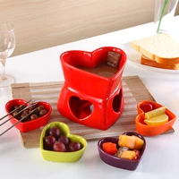free shipping heart shape ceramic chocolate fondue sets cheese hot pot cheese warmer fruit dish set with forks and candles