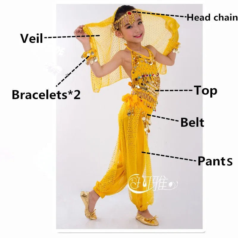 Yellow 7pcs Танец живота Дети танец живота костюмы для детей комплект для танца живота девочек Болливуд индийские выступления ручной работы одежда 6 цветов - Цвет: Yellow 7pcs