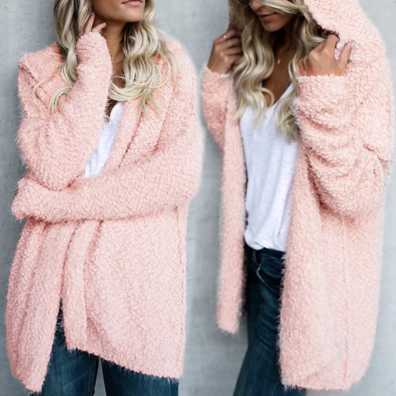 2019 Новое Женское пальто пушистое длинное с капюшоном карманами зимняя теплая