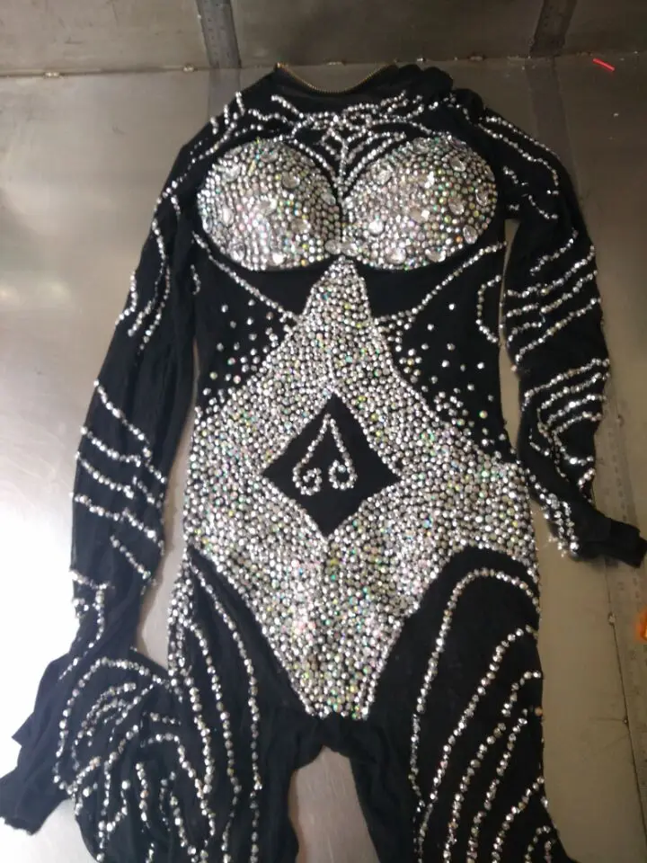 Новый Модный Блестящий черный комбинезон Стразы наряд блестящий сексуальный
