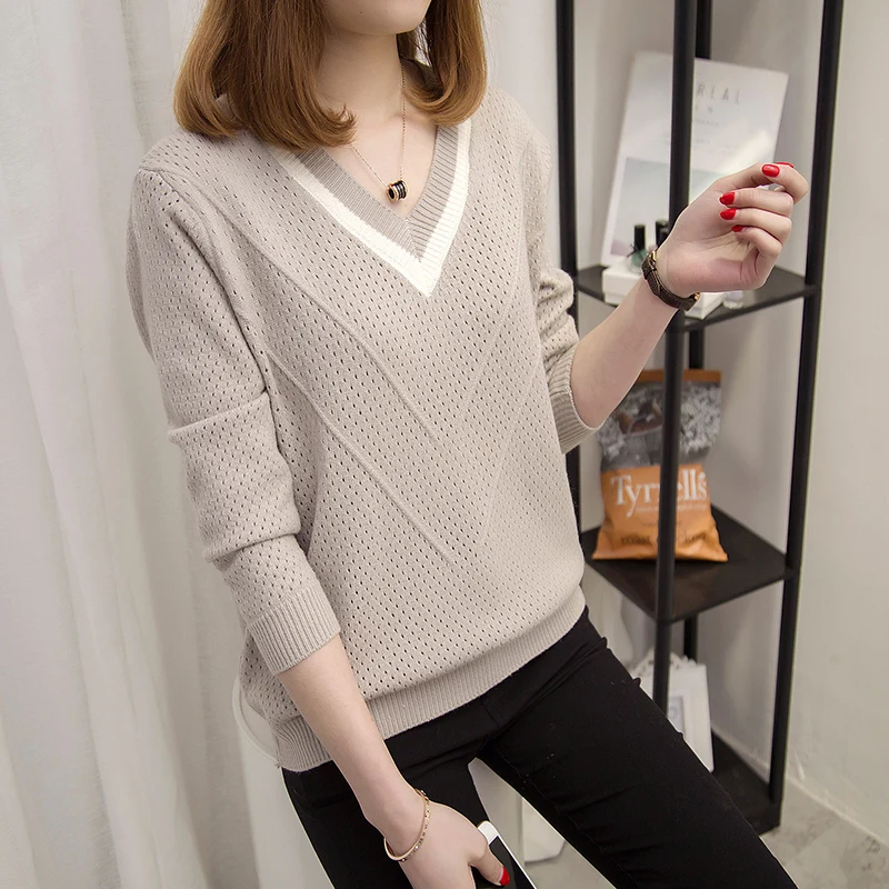 Rlyaeiz Fashion V-neck Hollow Knitted Sweater Women Long Sleeve Loose Pullover Female Casual jumper 2018 Spring Autumn New | Женская