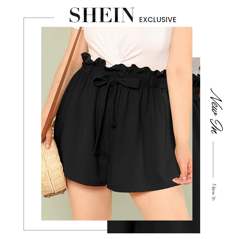 SHEIN, шорты размера плюс, одноцветные, бумажный мешок, талия,, женские, летние, элегантные, свободные, плиссированные, для офиса, широкие, с поясом