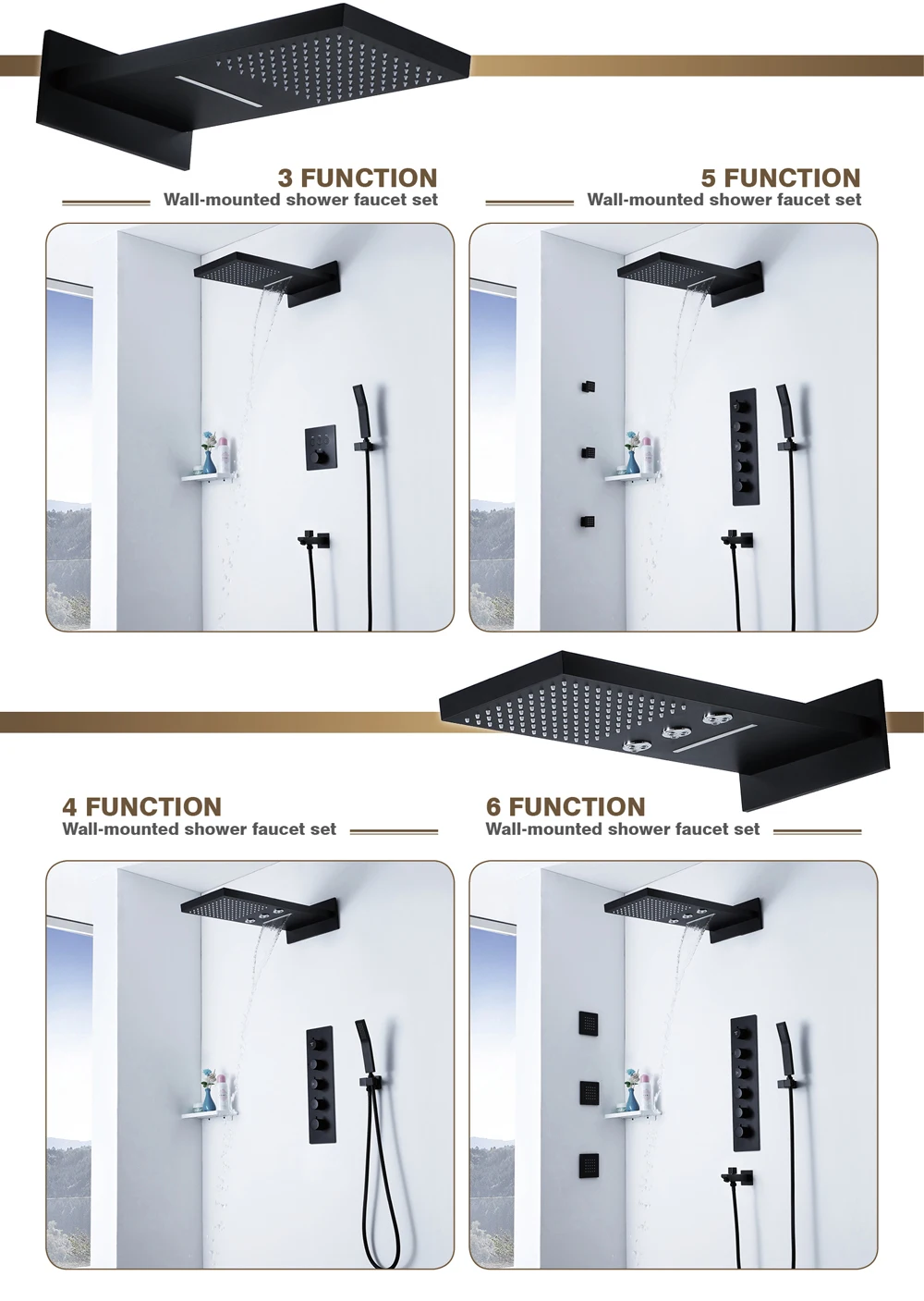 Black Rainfall Shower Waterfall Shower Head Shower Set Brass Shower Faucets Massage Spray Showers Bathroom