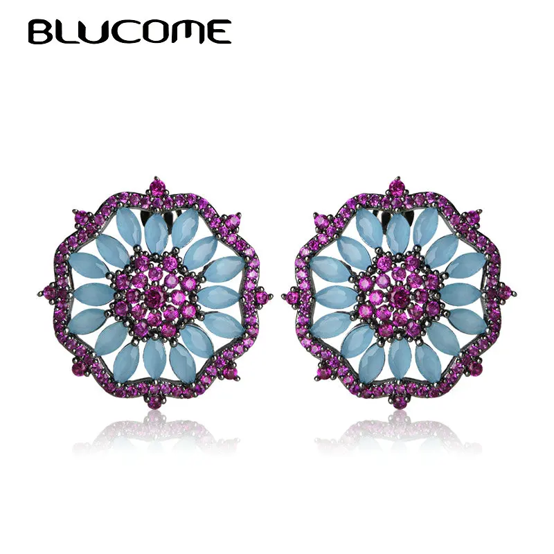 Blucome модные серьги в нигерийском стиле цветок Круглый Синий Циркон пистолет