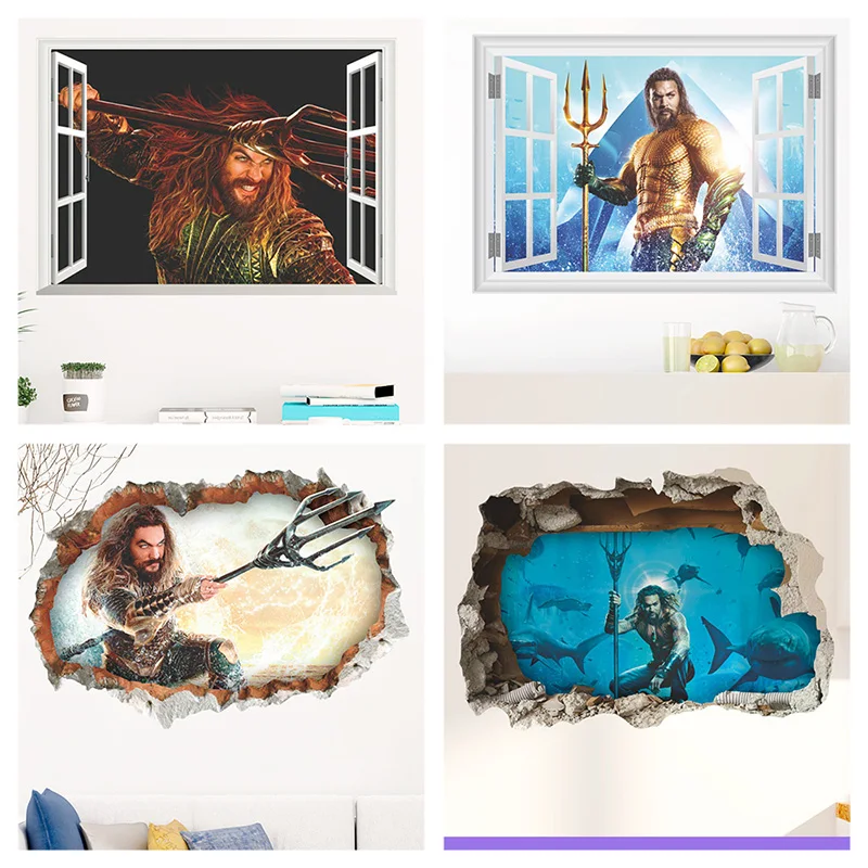 Aquaman Arthur Curry 3d наклейки на стену с отверстием для окна украшения дома Diy постер