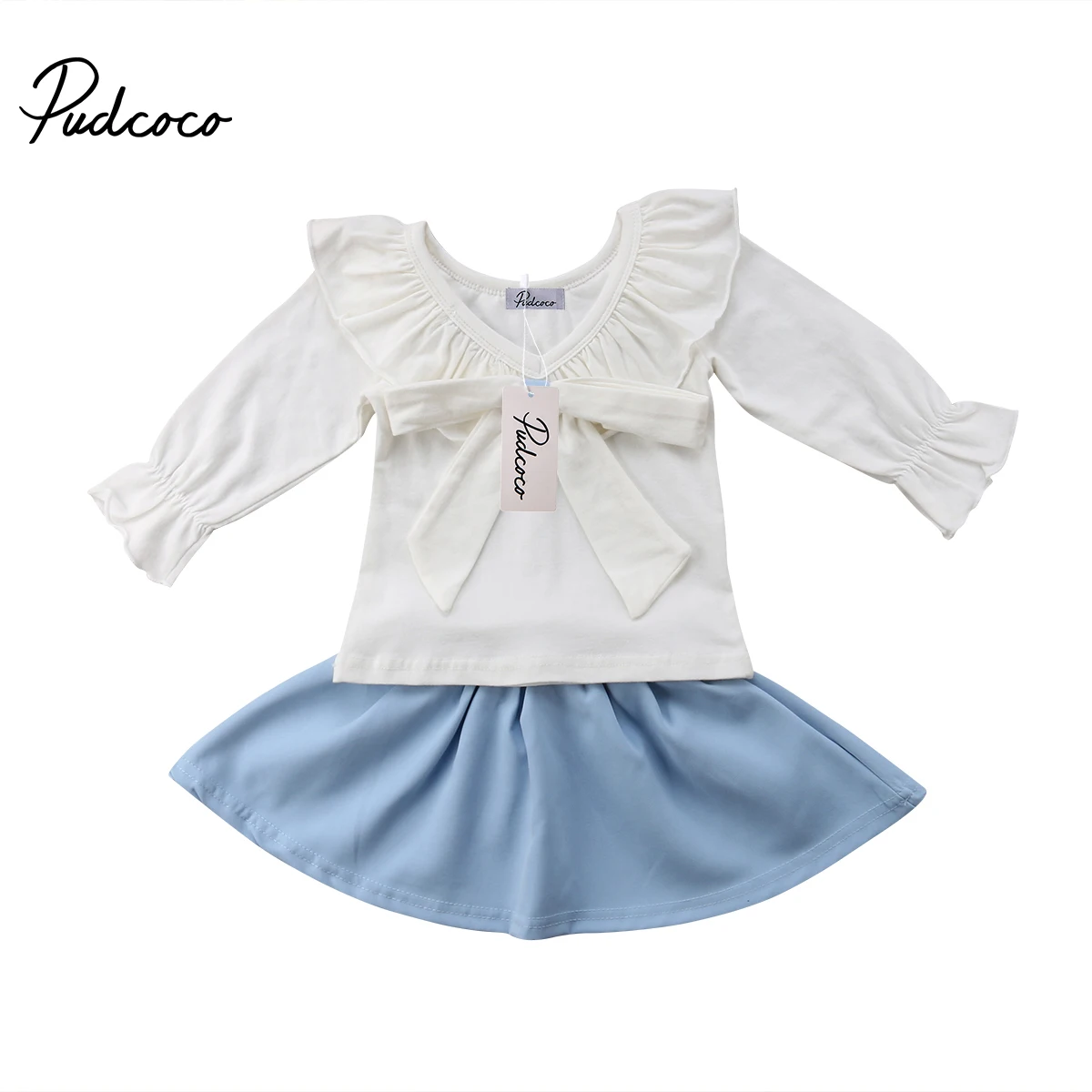 2 шт. рубашка с бантом и длинным рукавом голубая юбка|Комплекты одежды для