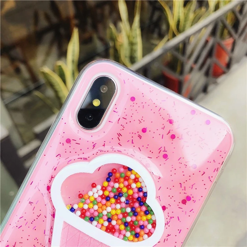 Розовый 3D чехол для телефона с мороженым Iphone 6 s Plus блестящий жидким песком IPhone XS Max