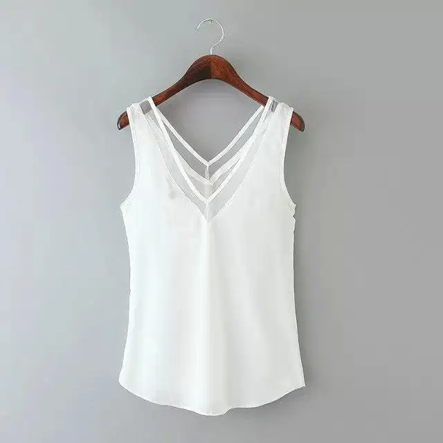 Women Chiffon Sexy Blouses Shirts 2017 Ladies V Neck Sleeveless Casual Blusas Mesh Splice See Through Slim Top Plus Size |