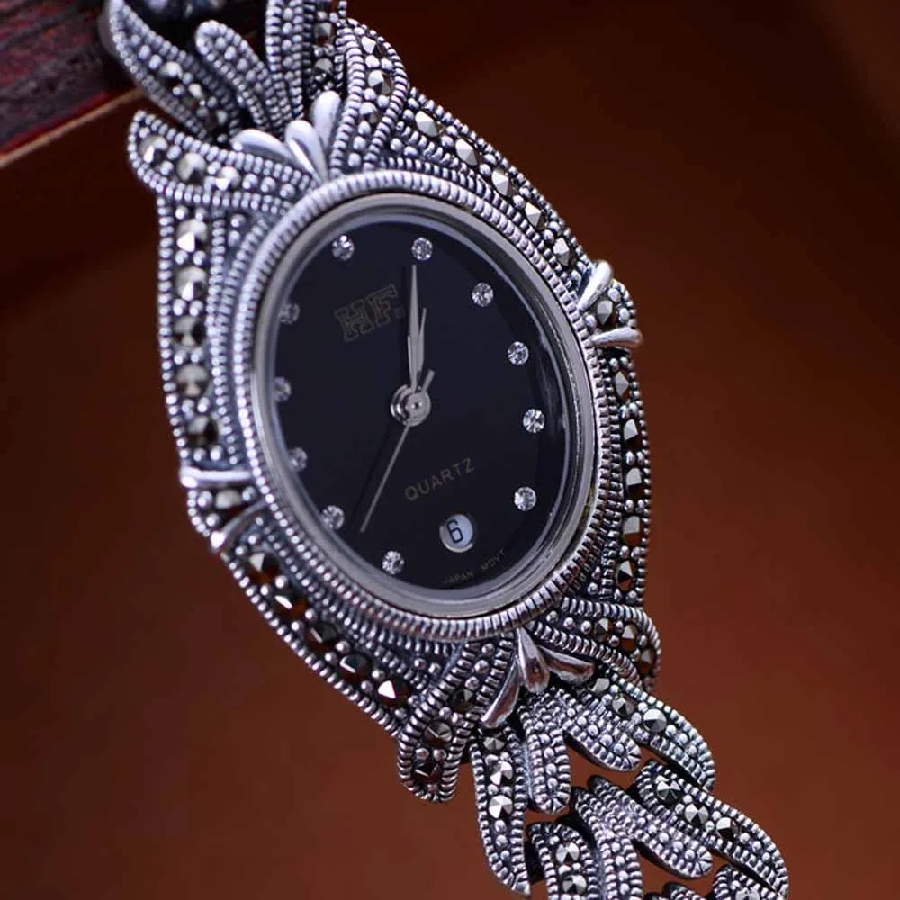 Jade Angel, женские винтажные часы с марказитом, тайские 925 пробы, Серебряные наручные часы, рождественские подарки, подарки на день благодарения, подарки на день рождения