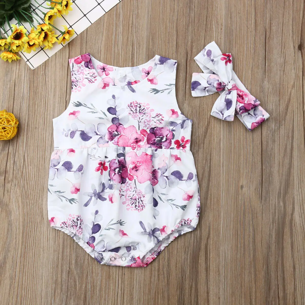Pudcoco Summer Toddler Baby Girls Floral Sleeveless Bodysuit Headband Outfits Casual Set