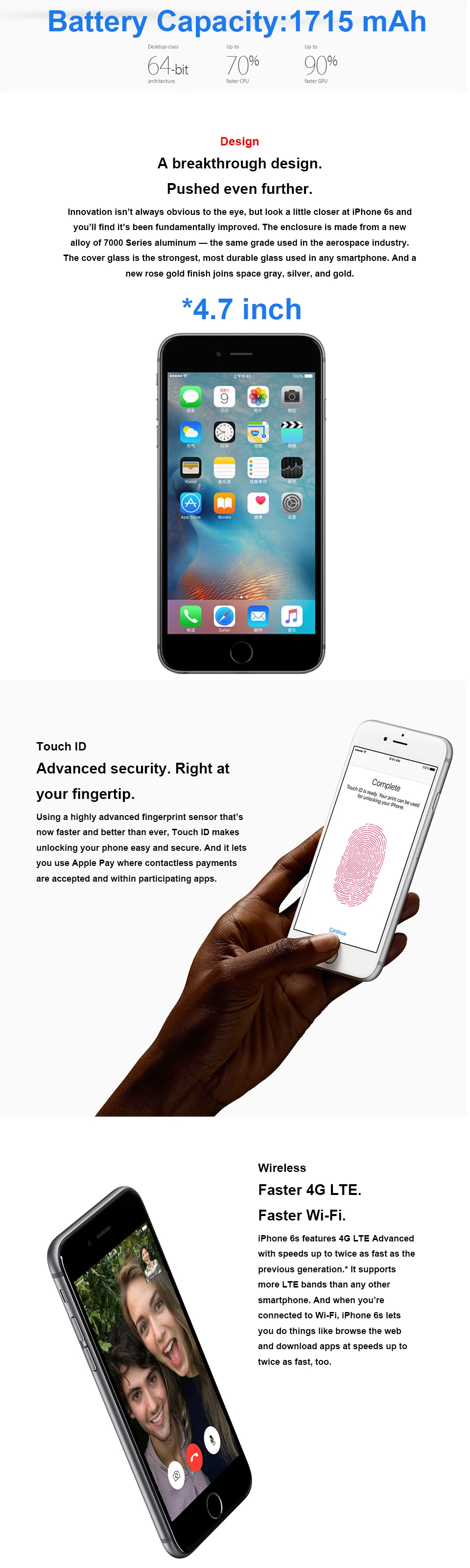 Разблокированный Apple iPhone 6s iOS Двухъядерный 2 Гб ОЗУ 16 Гб 64 Гб 128 Гб ПЗУ 4," 12,0 МП камера 4G LTE iPhone 6s мобильный телефон б/у