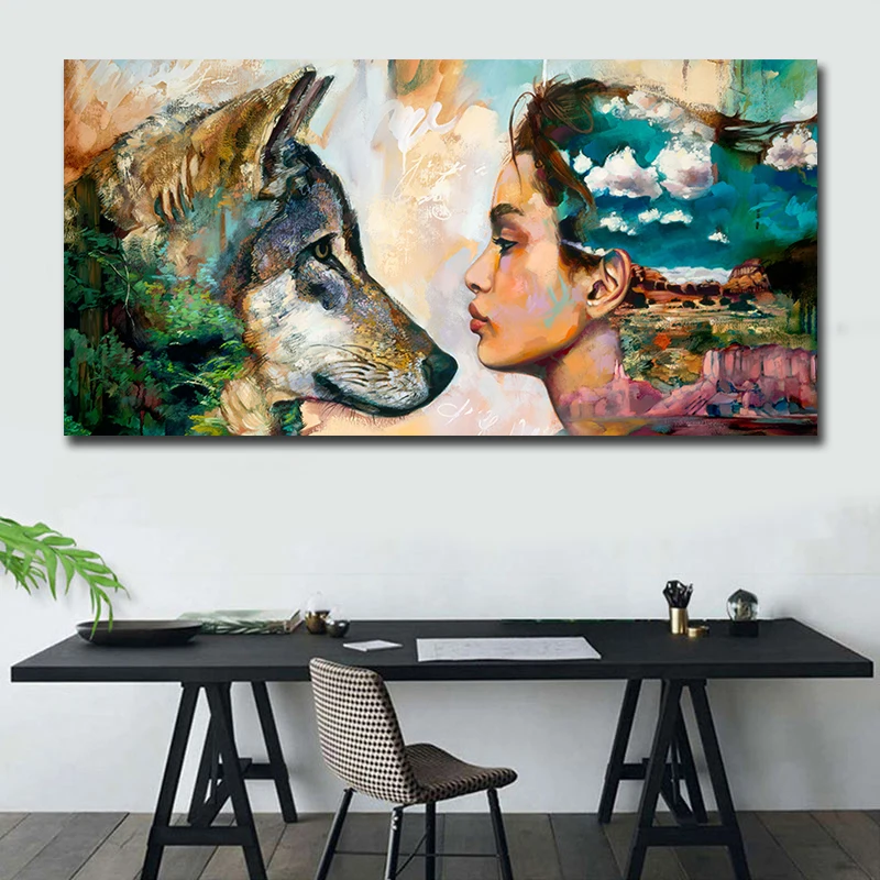 Женщина и волк холст картина Современные принты искусство ВИНТАЖНЫЙ ПЛАКАТ