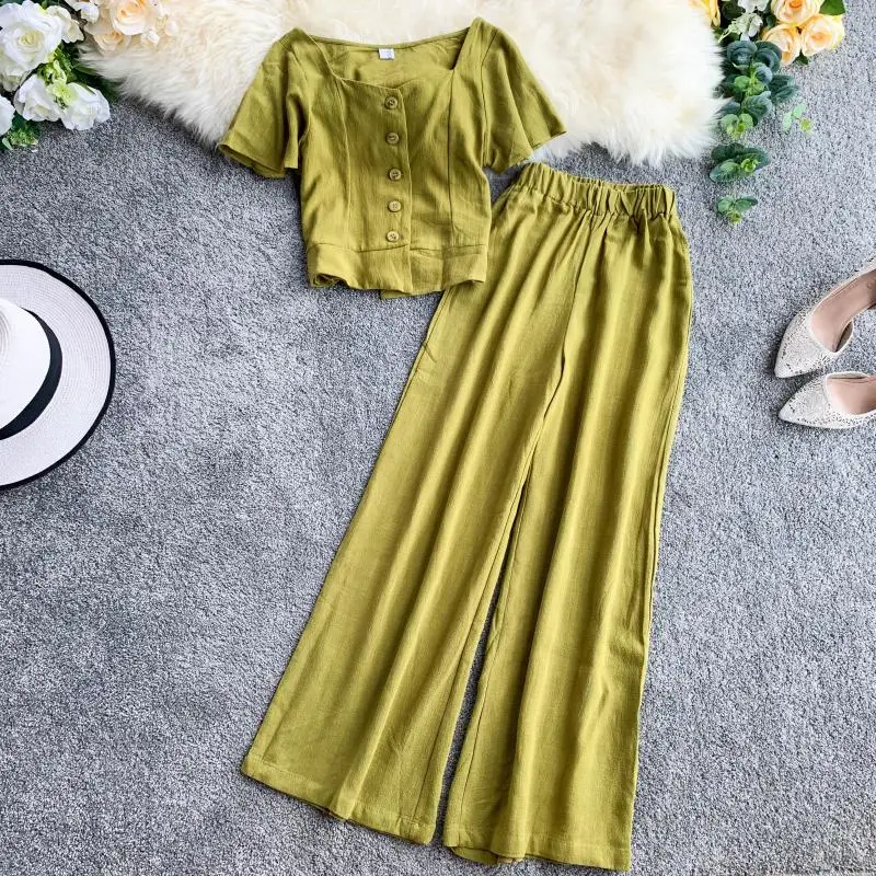 2019 Новый Модный женский комплект из двух предметов однобортный Топ + широкие