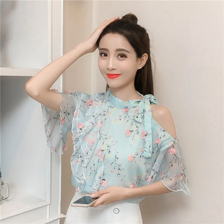 2020 Summer New Arrival Chiffon Blouse Loose Off Lotus Leaf Edge Ruffles Floral With Bow Free Shipping | Женская одежда