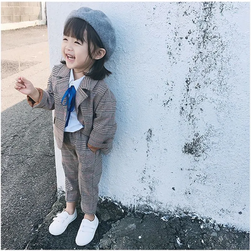 Новинка 2019 строгий костюм для девочек смокинги детей весенне-зимний клетчатый