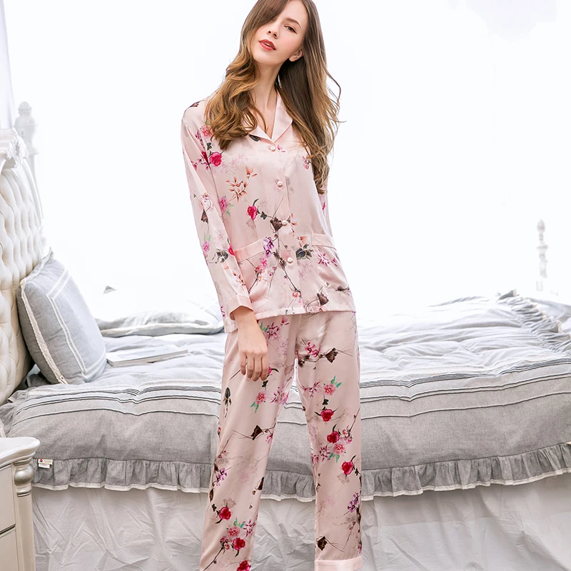 100% Real Silk Pajamas Set For Women Rose Print Long Sleeves Button Ladies Natural Pure Silk Sleepwear Nightwear Pyjamas
