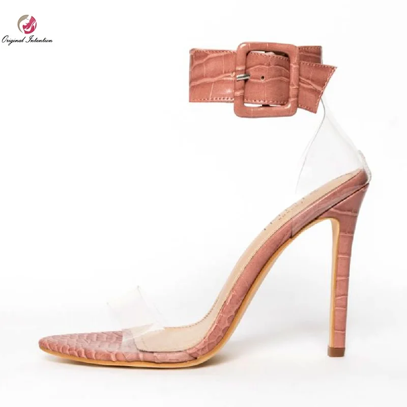 

Original Intention Elegant Women Sandals Transparent Stiletto Heels Sandals Summer Pink Snake Green Gold US Plus Size 5-10.5