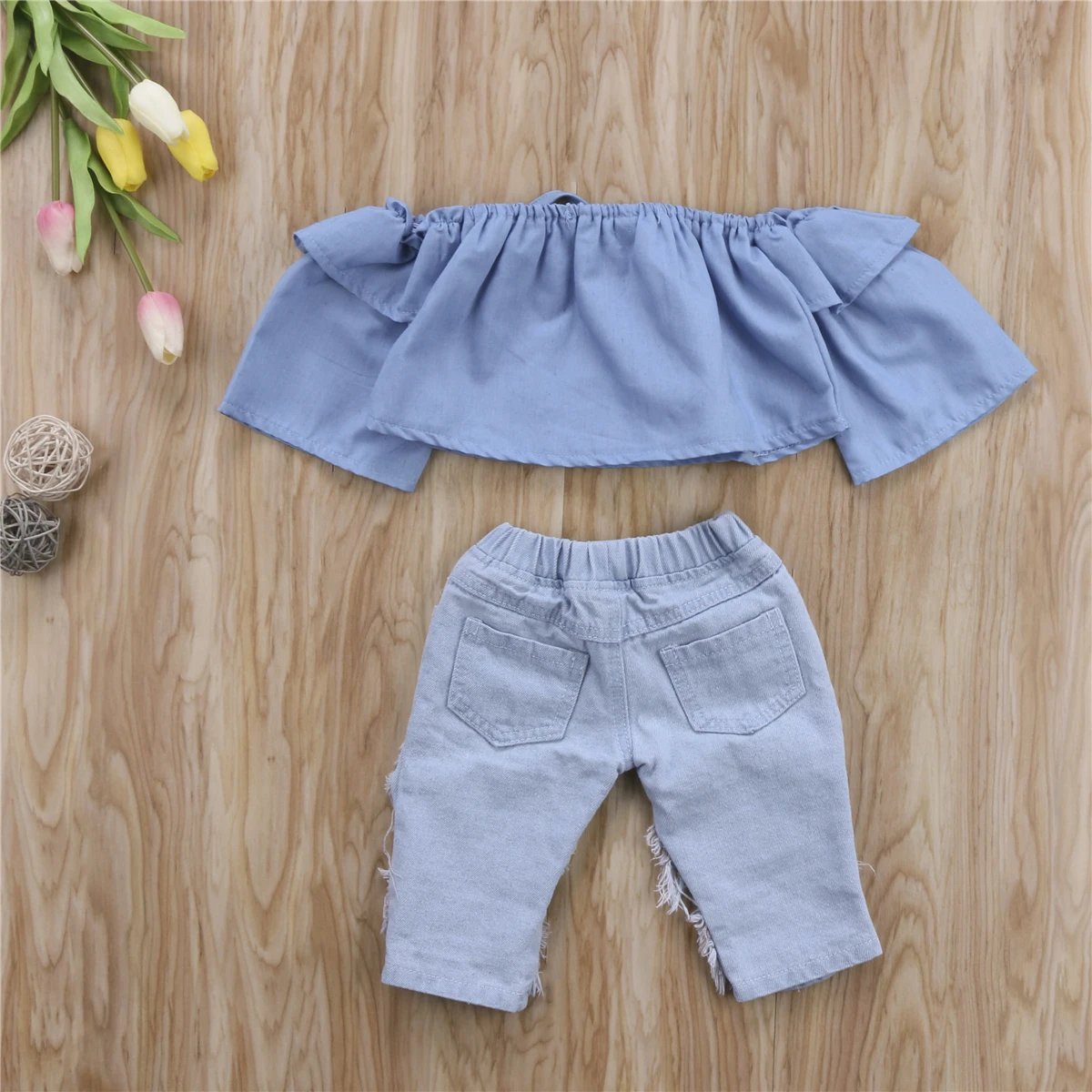 2 шт. джинсовые топы с открытыми плечами для девочек|girl clothes set|girls clothingclothes set |