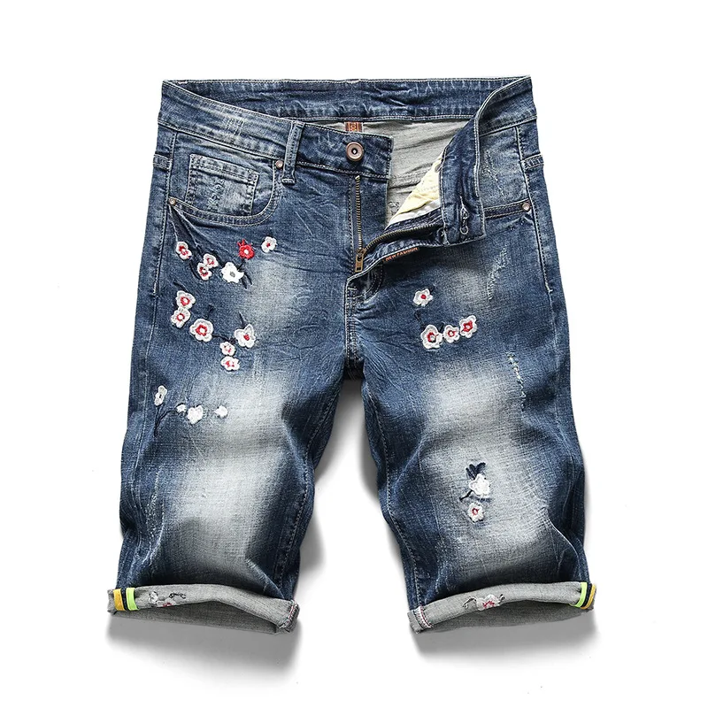 New Brand Summer Blue Color Denim Shorts Fashion Chinese style embroidered Short Ripped Jeans Men Mens Big Size | Мужская одежда