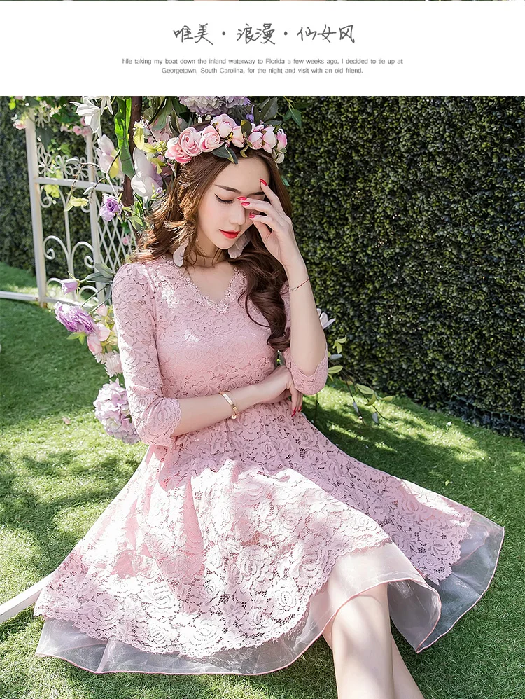 Женское элегантное кружевное платье из органзы с рукавом 3/4 и V-образным вырезом |