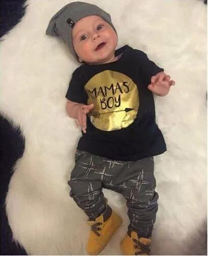 2019 Summer baby boy clothes new born clothing set cotton short sleeved gold printing t-shirt + pants 2pcs suit Mamas |