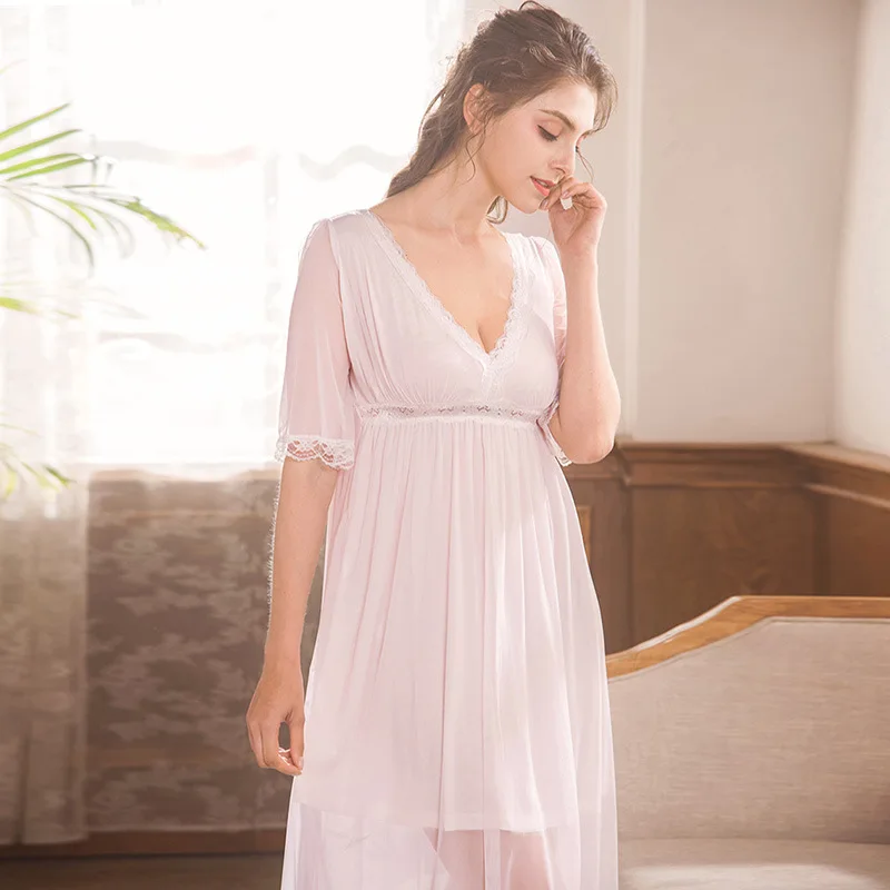 Women's Long Royal Vintage Nightgown Lace Mesh V neck Sleepwear Pink Nightdress | Женская одежда