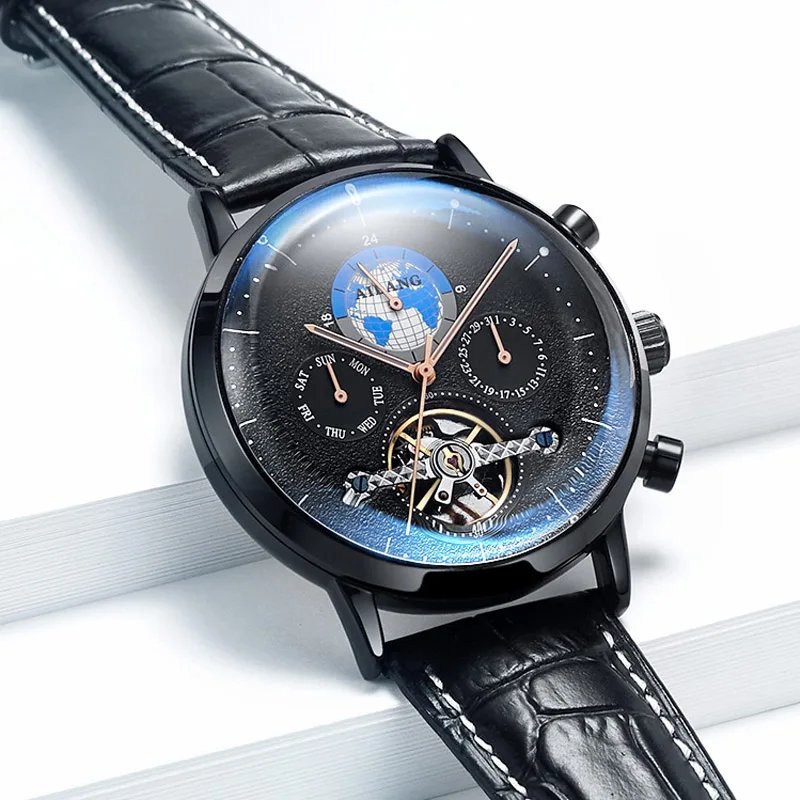 Enlarge Brand Men Watches Automatic Mechanical Watch Tourbillon Sport Clock Leather Casual Business Retro Wristwatch Relojes Hombre