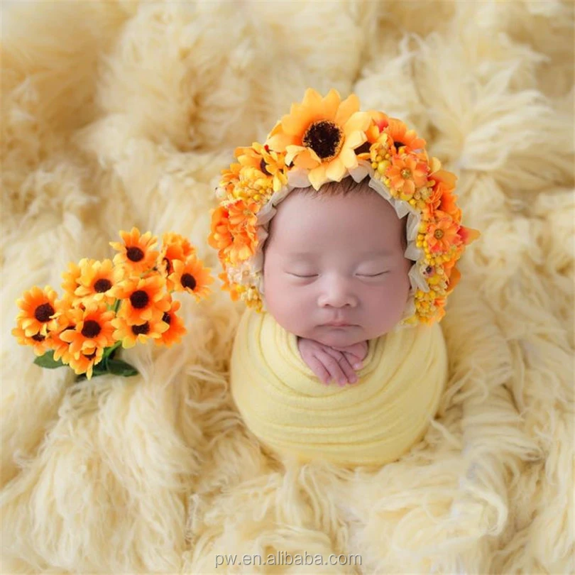Винтажный цветочный чепчик с подсолнухом для фотосъемки новорожденных, ручная вязка, Цветочная шляпа для новорожденных девочек, реквизит для фотосессии, детская шляпка