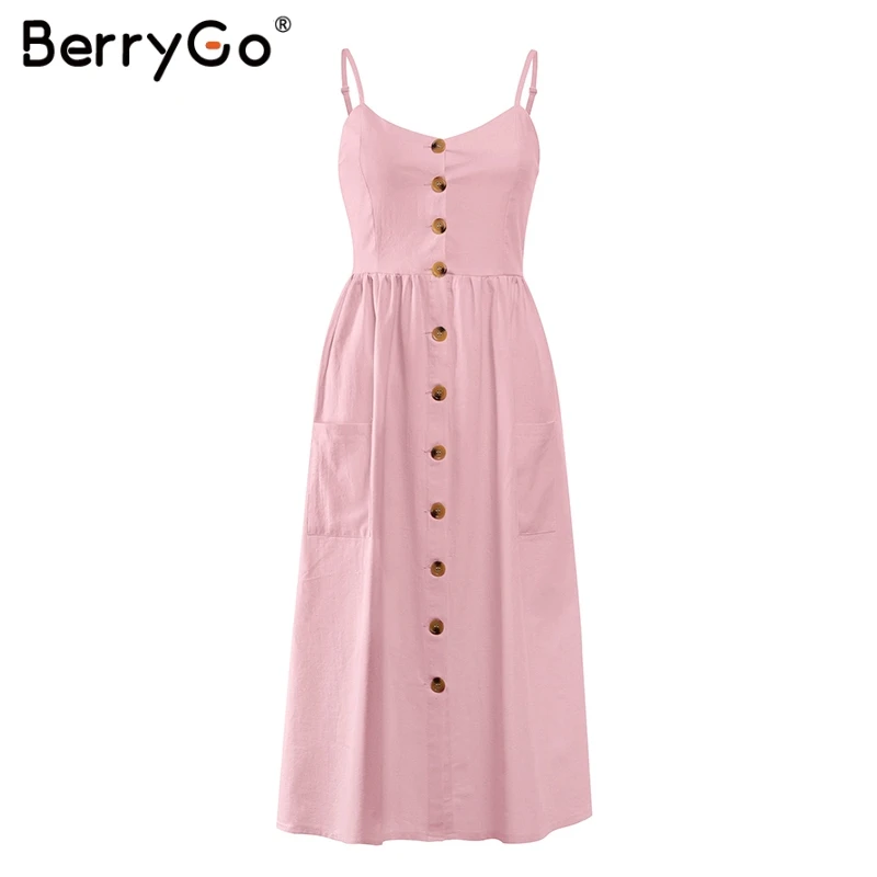 Light Pink BerryGo элегантное Полосатое хлопковое женское платье с пуговицами, однотонное платье миди, плюс размер, летнее повседневное женское пляжное платье - Цвет: Light Pink