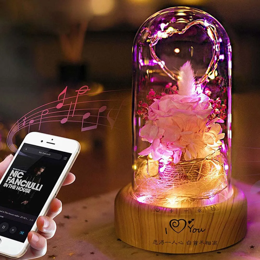 Pink Honeyflypreserved свежий цветок светодиодный ночной Светильник 0,3 W 5V Bluetooth аудио USB светодиодный настольная лампа на Рождество, день рождения, День Святого Валентина под заказ - Испускаемый цвет: Pink