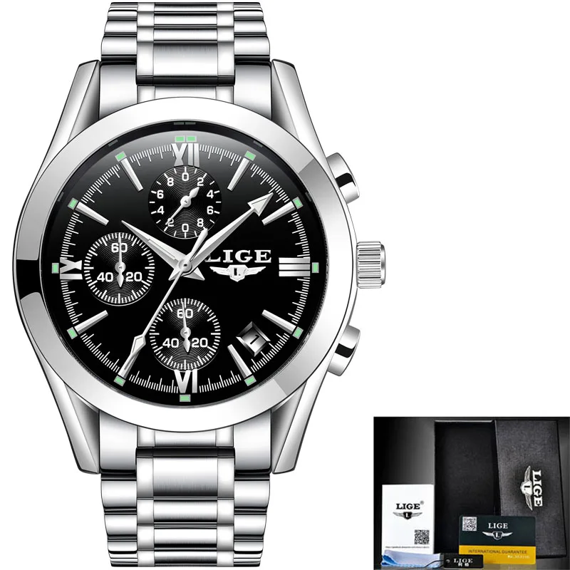 S Silver Black LIGE Мужские часы от ведущего бренда, Роскошные военные спортивные часы, мужские водонепроницаемые часы из нержавеющей стали, кварцевые часы, мужские часы+ коробка - Цвет: S Silver Black