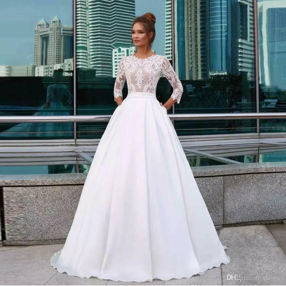 

Dlass 2019 A Line Scoop Collar Long Sleeves Lace Appliques Wedding Dresses Bridal Gowns vestido de novia