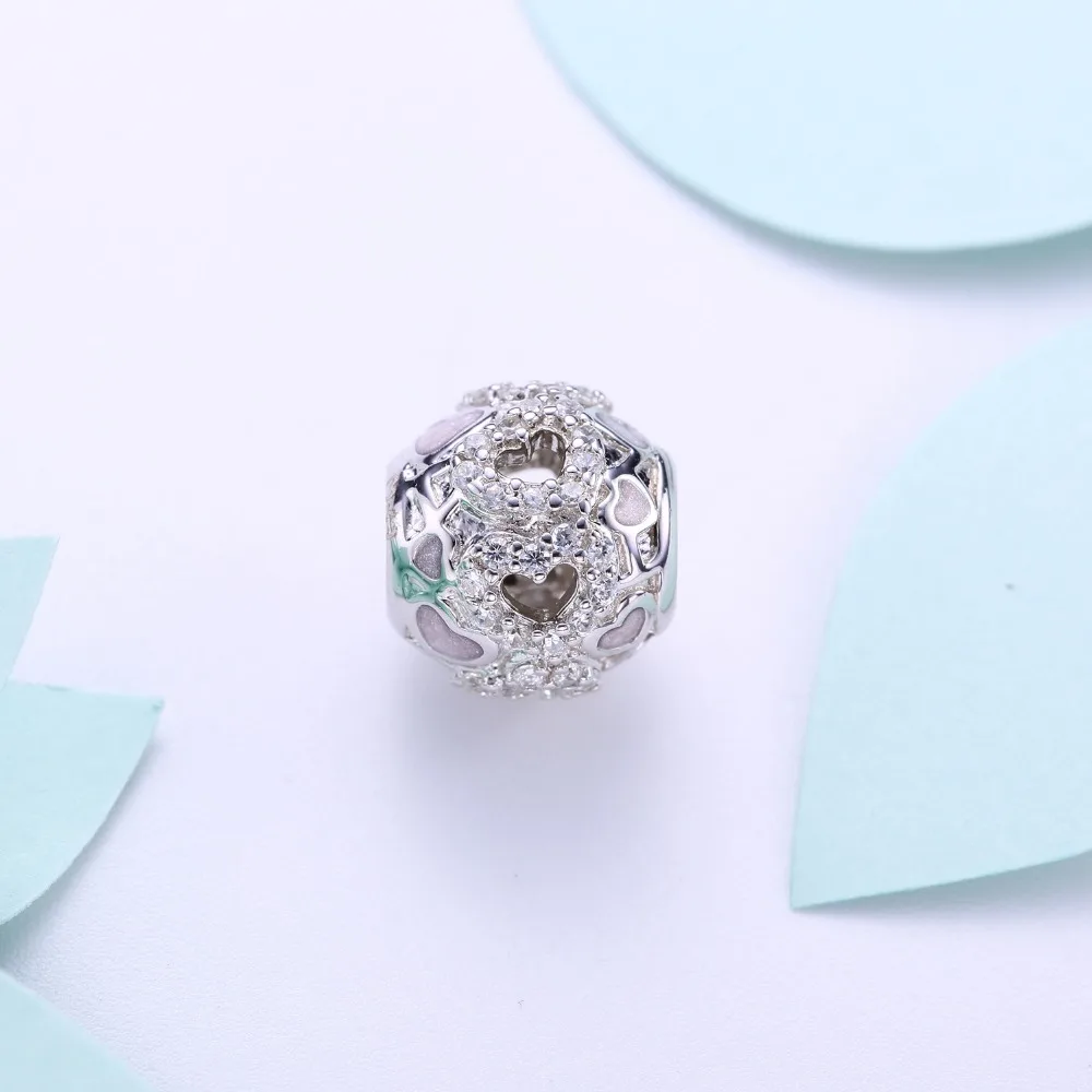 Видео! Любовь инкрустированные розовой эмалью серебряные бусины 925 пробы амулеты