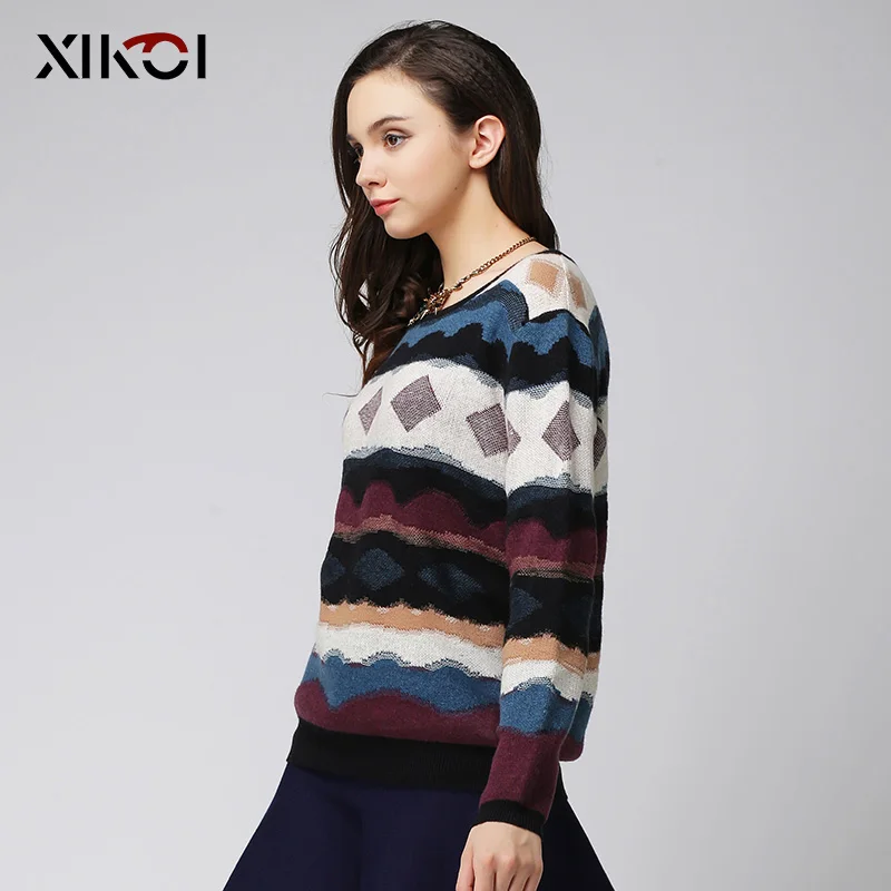 XIKOI Women Sweaters Fashion Casual O-Neck Thick Rhombus Print Pullovers Long Sleeve Computer Knitted Sweater | Женская одежда