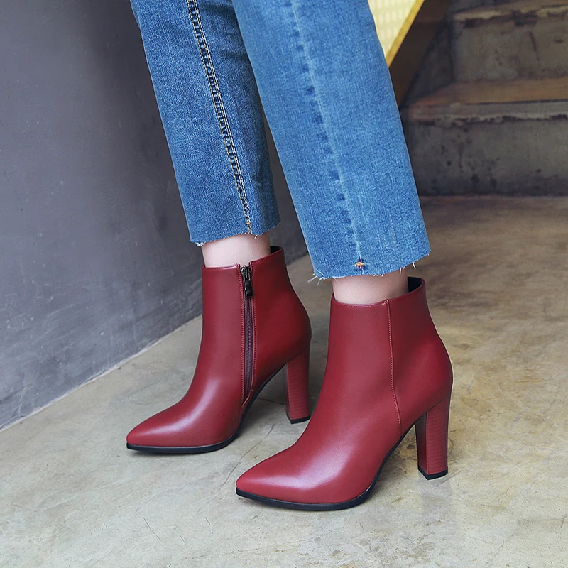 

WETKISS Winter High Heels Women Ankle Boots Pointed Toe Pu Short Plush Footwear Zip Female Boot Shoes Women 2018 Plus Size 32-43