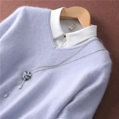 Light blue Новинка, осень и зима, Модный женский сексуальный бархатный вязаный Однотонный свитер с v-образным вырезом, пальто, рубашка, вязаный кашемировый свитер - Цвет: Light blue