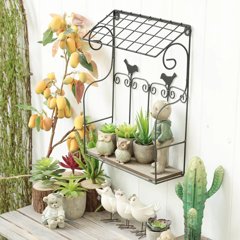 Vintage Metal Wall Mounted Rack with Wood Shelf Bird Decorative Display Stand Flower | Обустройство дома