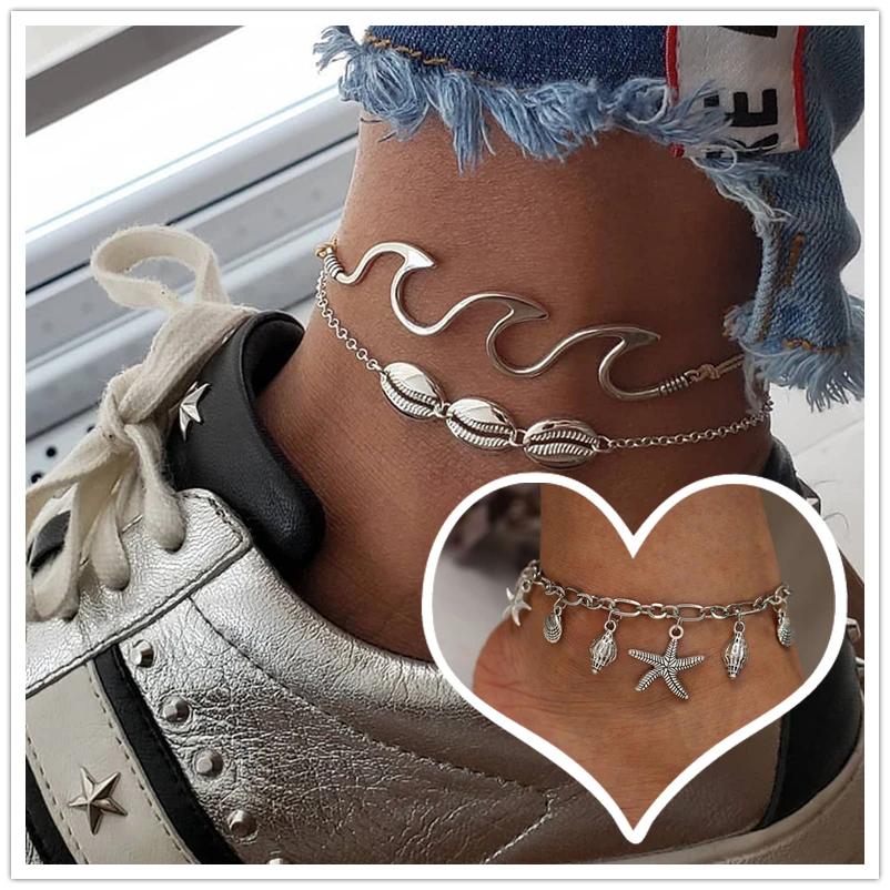 

Summer Boho Turtle Shell Conch Star Silver Anklets For Women Small Circle Anklet Bracelet On The Leg Bohemian Foot Ocean Jewelry
