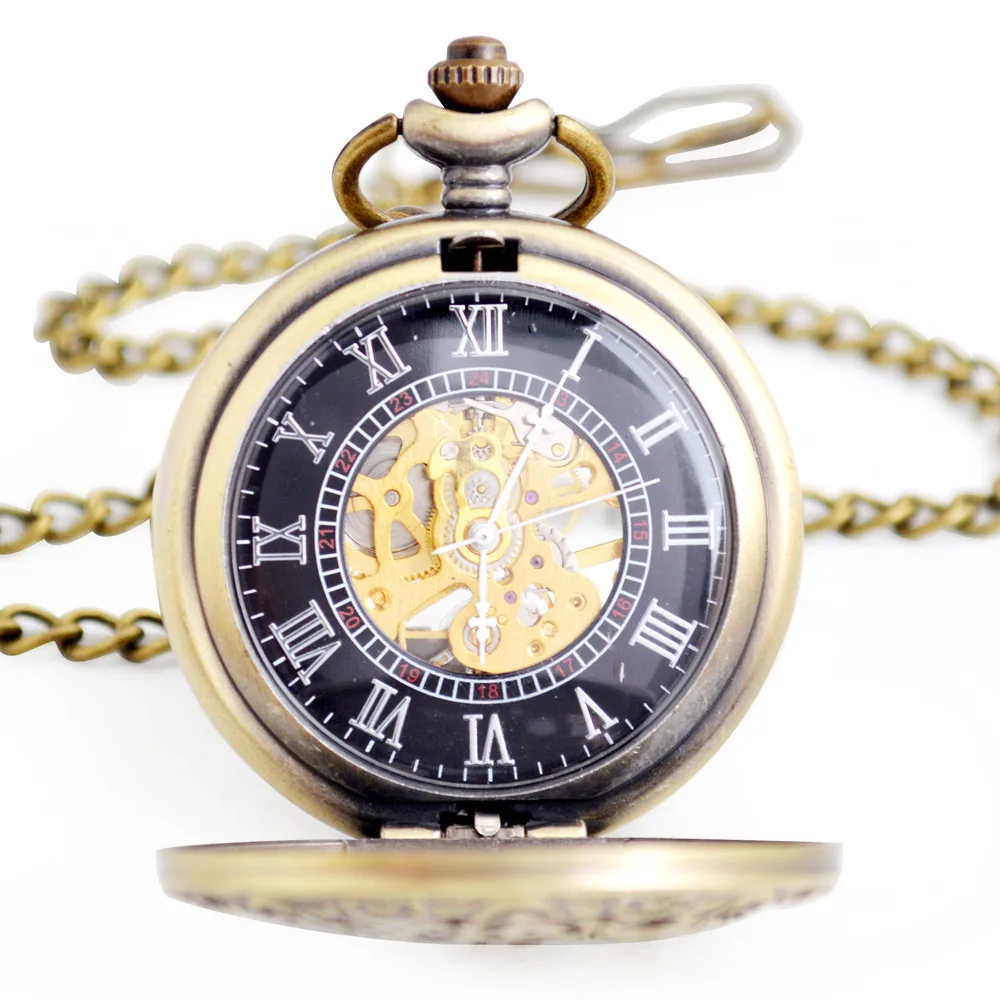 New Vintage Bronze Steampunk Mens Mechanical Pocket Watch Hollow Gear FOB Pocket Watches with Chain Men's Jewelry Gift