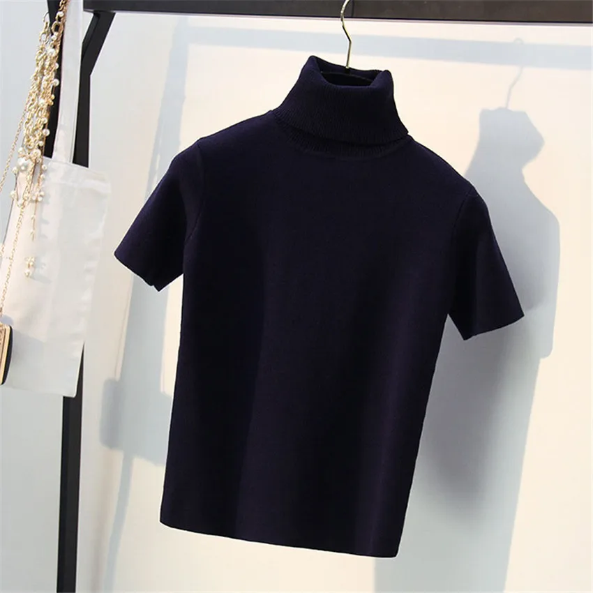 navy short sleeve Весенние вязаные топы женские с коротким рукавом футболки осень зима водолазка пуловеры футболка женская вязаная футболка - Цвет: navy short sleeve