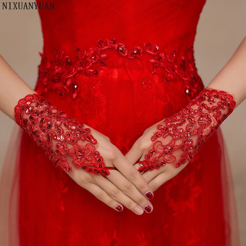 Elegant Beaded Lace Satin Short Bridal Gloves 2021 Fingerless Wedding White Ivory Accessories Veu De Noiva | Свадьбы и торжества