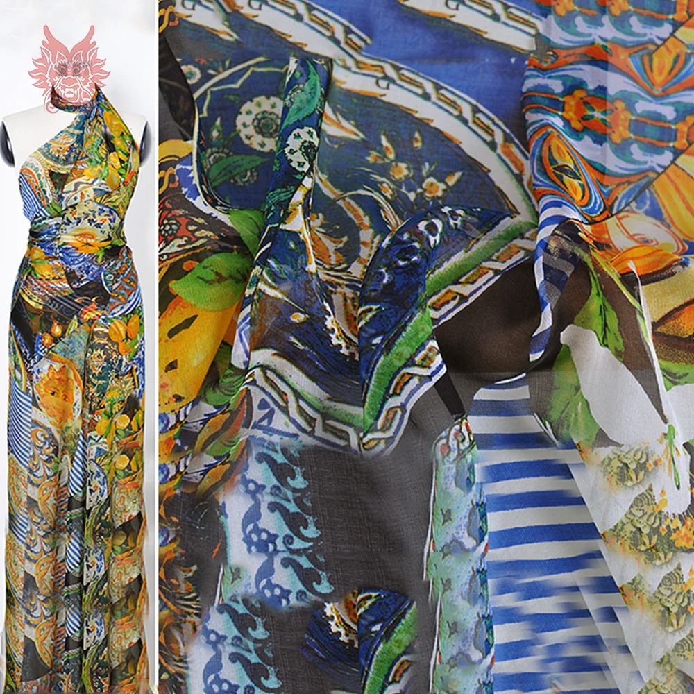 Американский стиль пасторальный принт 100% натуральный шелк шифон ткань одежда