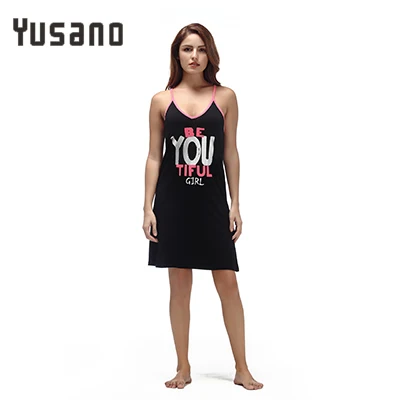 Black Yusano Summer Nightgown Women Sleeveless V Neck Sexy Cotton Nightdress Girl Letter Print Sleeping Dress Solid Sleepwear - Цвет: Black