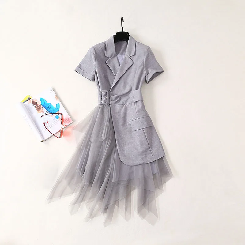 HIGH QUALITY Newest 2020 Summer Runway Dress Women's Short Sleeve Notched Collar Gauze Patchwork Asymmetrical | Женская одежда