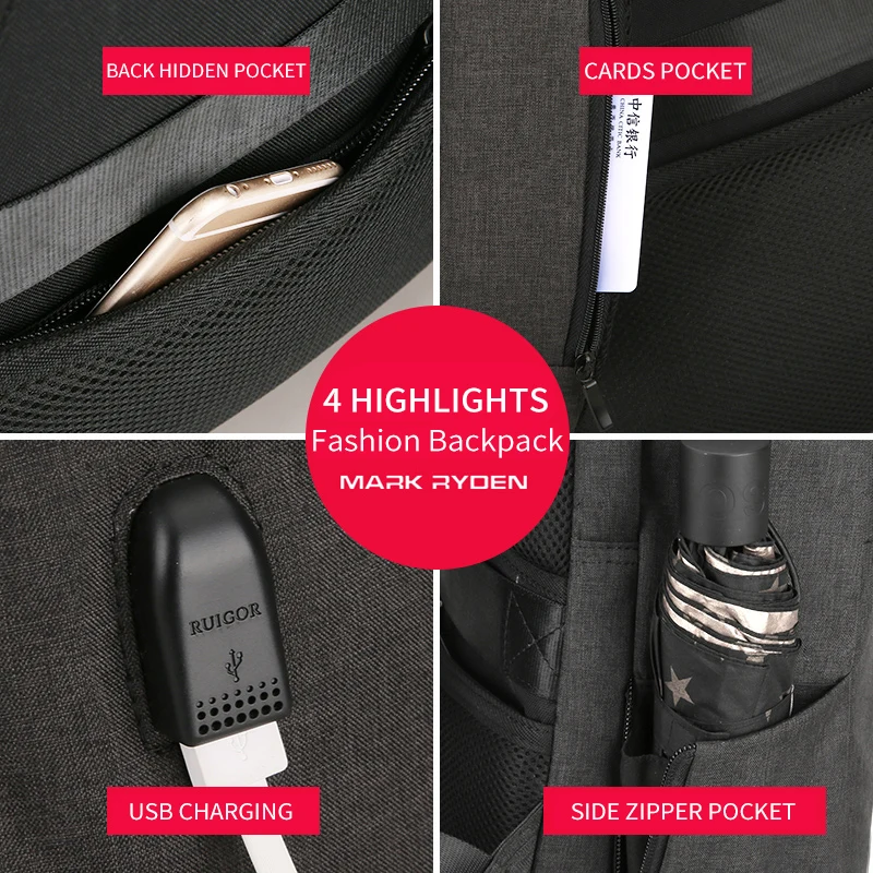 Мужской рюкзак Антивор Mark Ryden Модный водонепроницаемый с Usb подзарядкой два