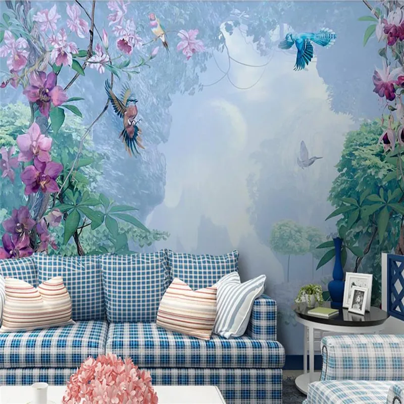 Custom wallpaper Nordic hand-painted small fresh tropical plants flowers and birds background decorative waterproof material |