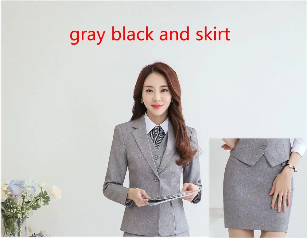 gray blazerand skirt IZICFLY Красный формальный брючный комплект униформа дизайн для женщин костюмы с брюками офисные блейзеры Элегантный Бизнес Рабочая одежда размера плюс - Цвет: gray blazerand skirt