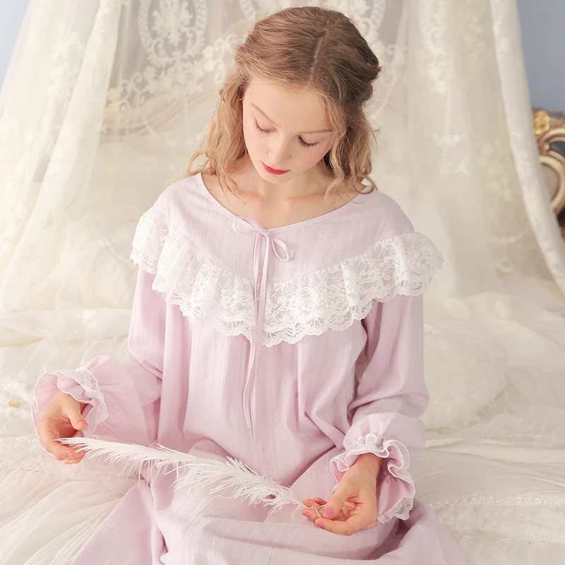 Free Shipping 100% Cotton Princess Nightdress Royal Nightgowns Women's Long Pijamas Purple and Pink Sleepwear Girl Home Cloth | Женская