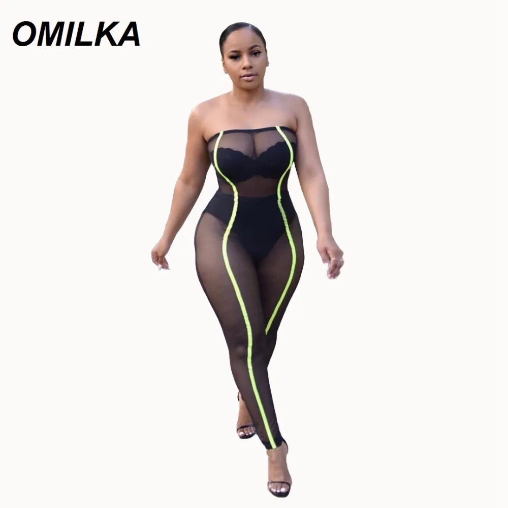 

OMILKA See Through Mesh Jumpsuit 2019 Summer Women Strapless Patchwork Neon Green Patchwork Off the Shoulder Club Party Playsuit