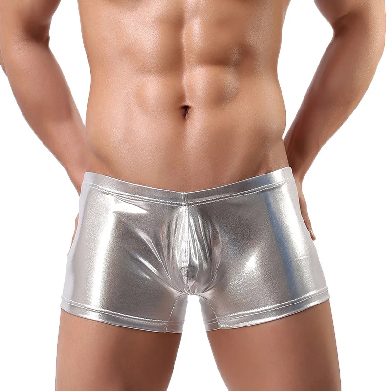 2018 Nightclub Hot Underwear Men's Shorts Boxers Sexy U convex Patent leather Solid Top Male Brand Man Underpants GAY Size S-XL |